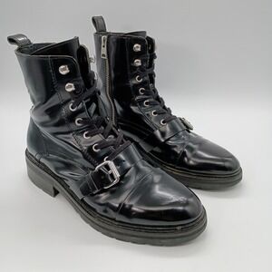 AllSaints Donita Womens Black Patent Leather Combat Boots Buckle Zip EU 39 US 9